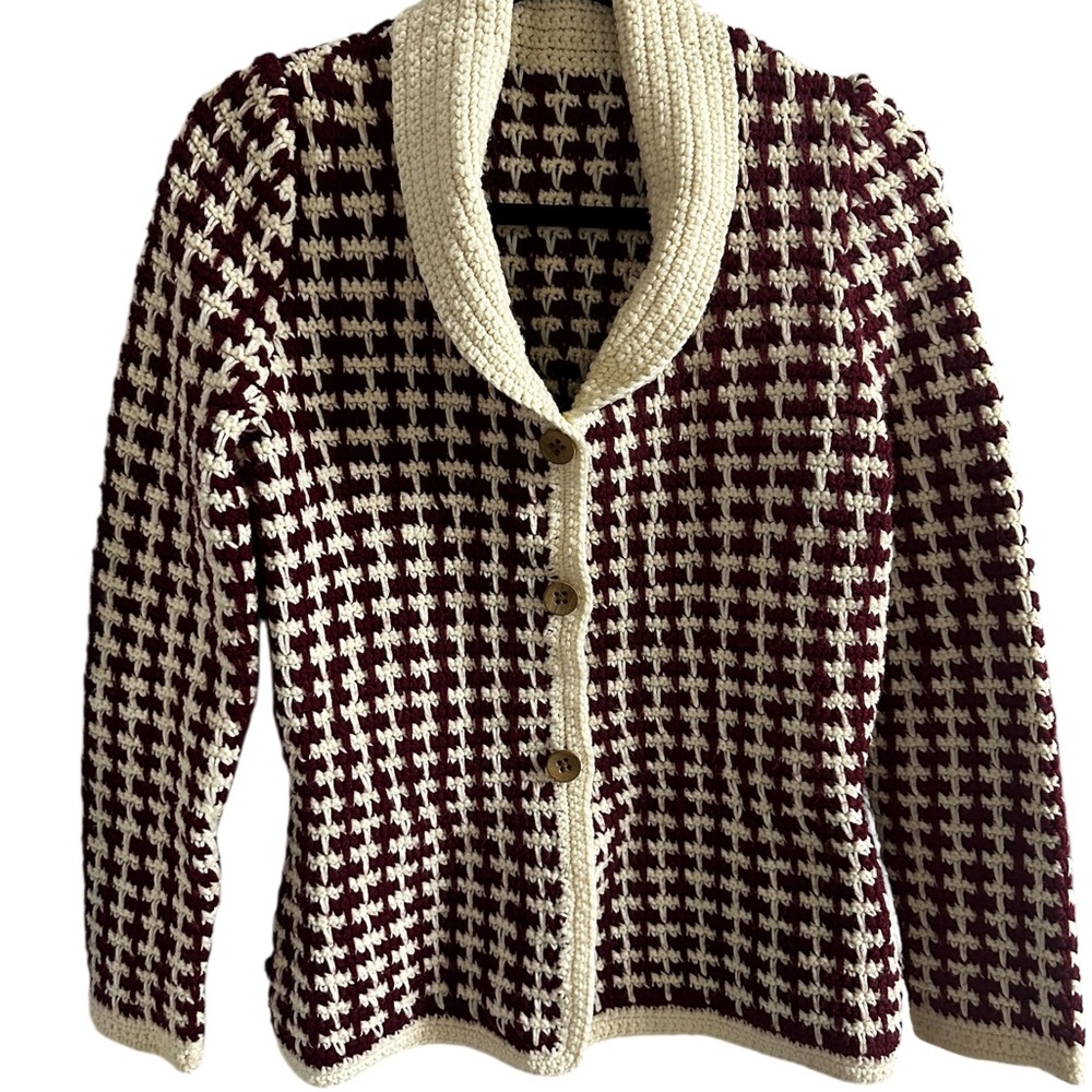 Vintage 1960’s Crocheted Burgundy and Cream Women's Sweater